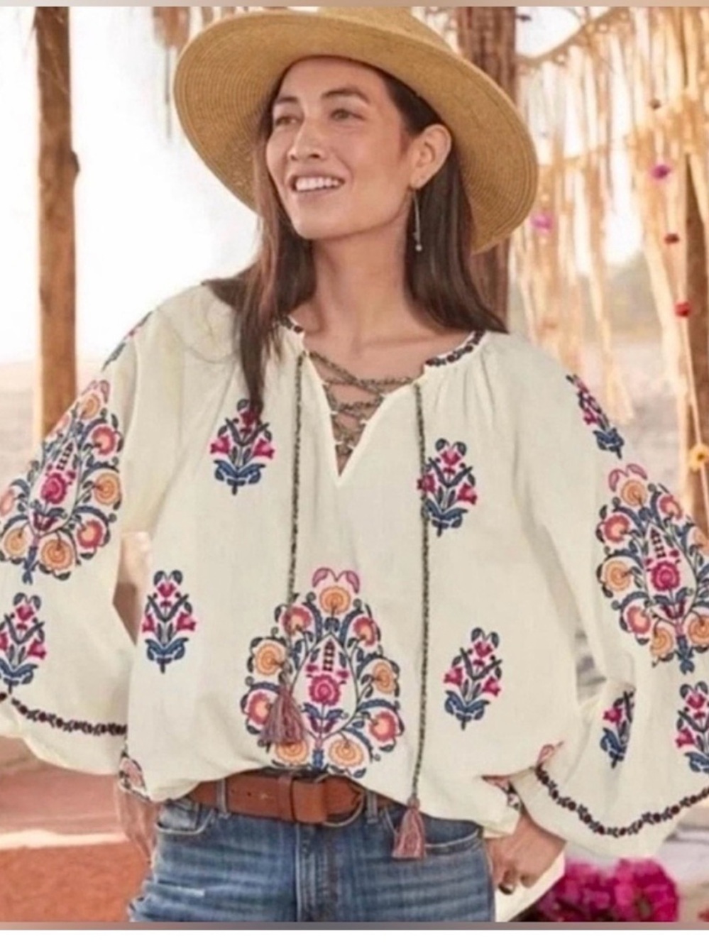 Sundance PL Emilie boho chic embroidered floral lace chest cotton peasant blouse